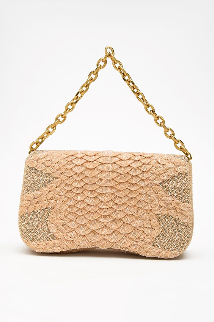 Apricot Microfiber Suede Japanese Bugle Bead Work Clutch by Doux Amour at Pernia's Pop Up Shop