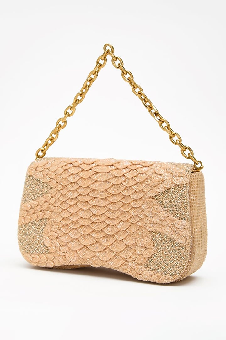 Apricot Microfiber Suede Japanese Bugle Bead Work Clutch by Doux Amour at Pernia's Pop Up Shop