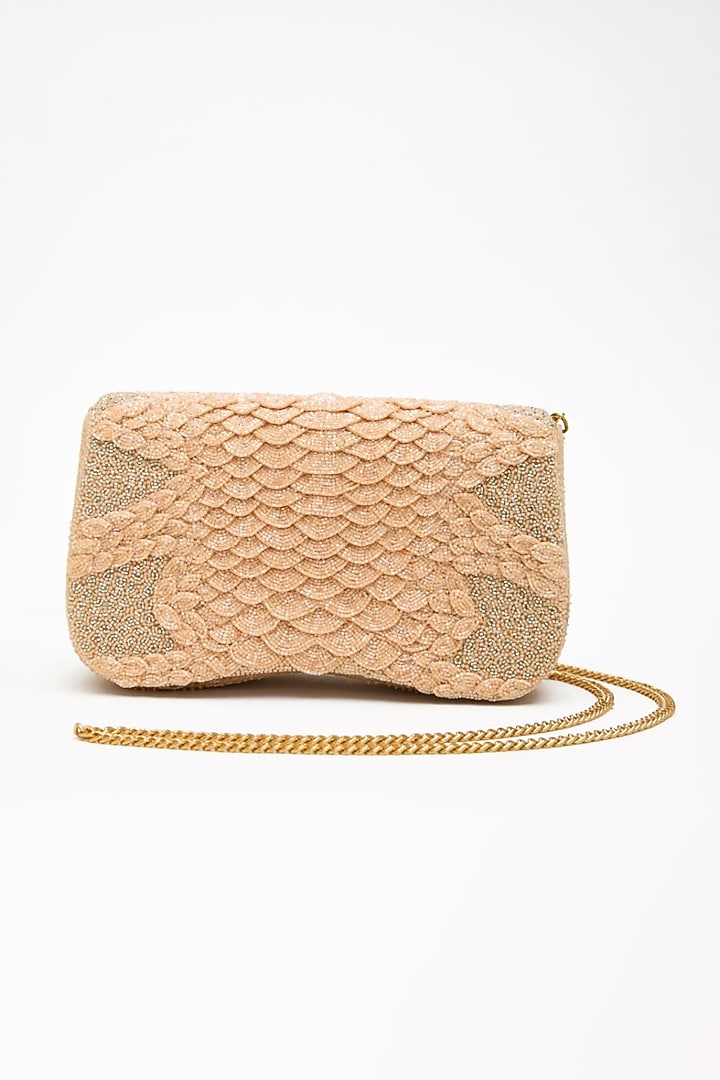Apricot Microfiber Suede Japanese Bugle Bead Work Clutch by Doux Amour at Pernia's Pop Up Shop