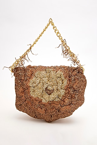 Copper Faux Suede Hand Embroidered Clutch by Doux Amour
