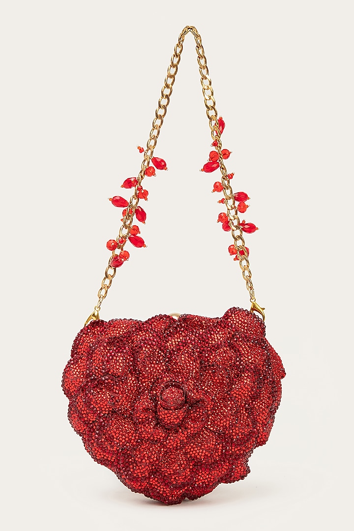 Red Faux Suede Hand Embroidered Clutch by Doux Amour