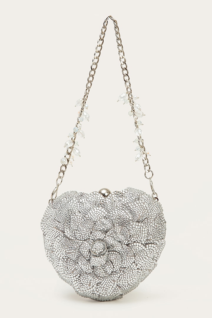 Silver Faux Suede Hand Embroidered Clutch by Doux Amour