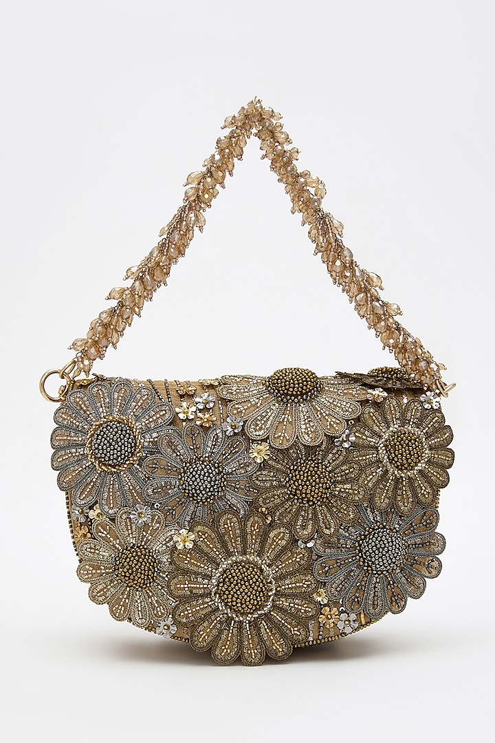 Vintage Gold Faux Suede Hand Embroidered Clutch by Doux Amour