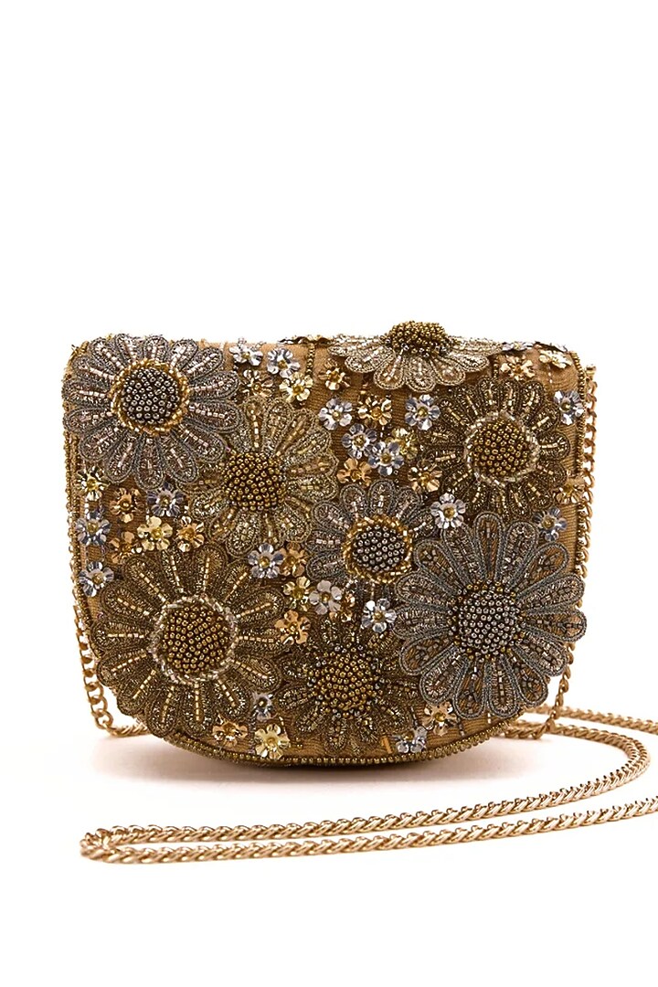 Vintage Gold Faux Suede Hand Embroidered Clutch by Doux Amour at Pernia's Pop Up Shop