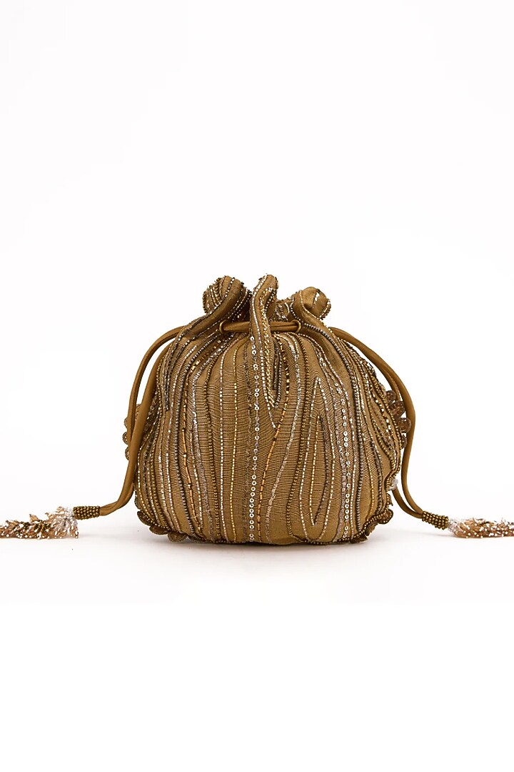 Vintage Gold Faux Suede Hand Embroidered Potli by Doux Amour at Pernia's Pop Up Shop