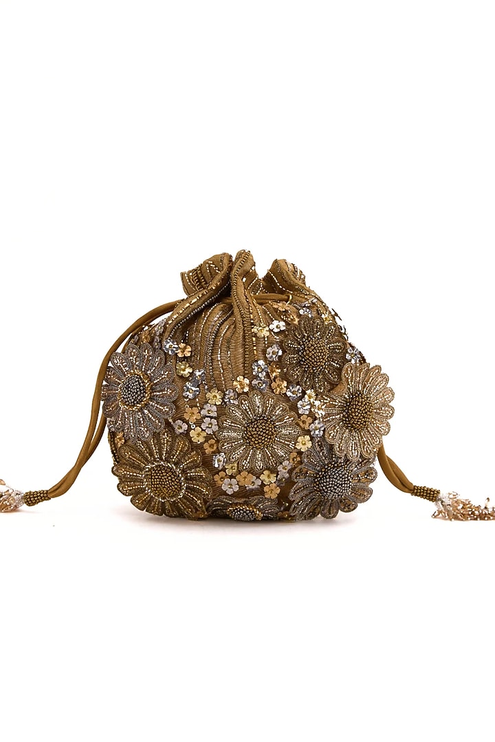 Vintage Gold Faux Suede Hand Embroidered Potli by Doux Amour at Pernia's Pop Up Shop