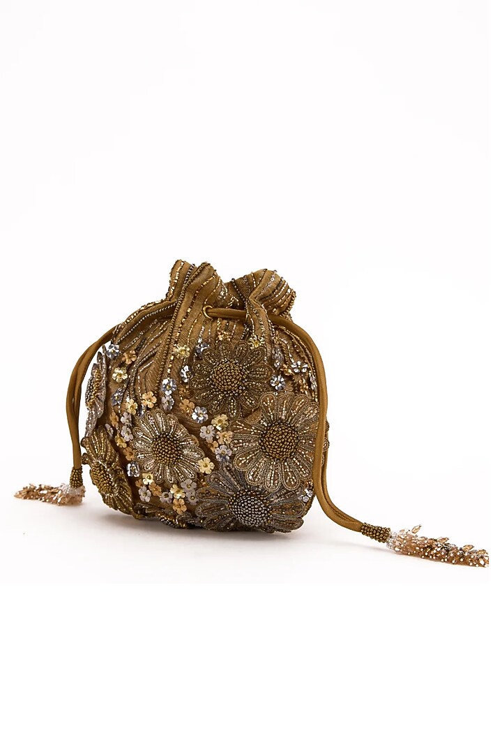 Vintage Gold Faux Suede Hand Embroidered Potli by Doux Amour at Pernia's Pop Up Shop
