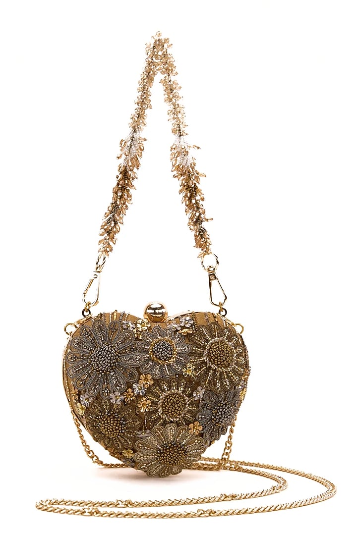 Vintage Gold Faux Suede Hand Embroidered Clutch by Doux Amour at Pernia's Pop Up Shop