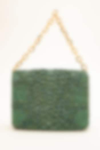 Green Poly Satin Japanese Bugle Bead Hand Embroidered Clutch by Doux Amour