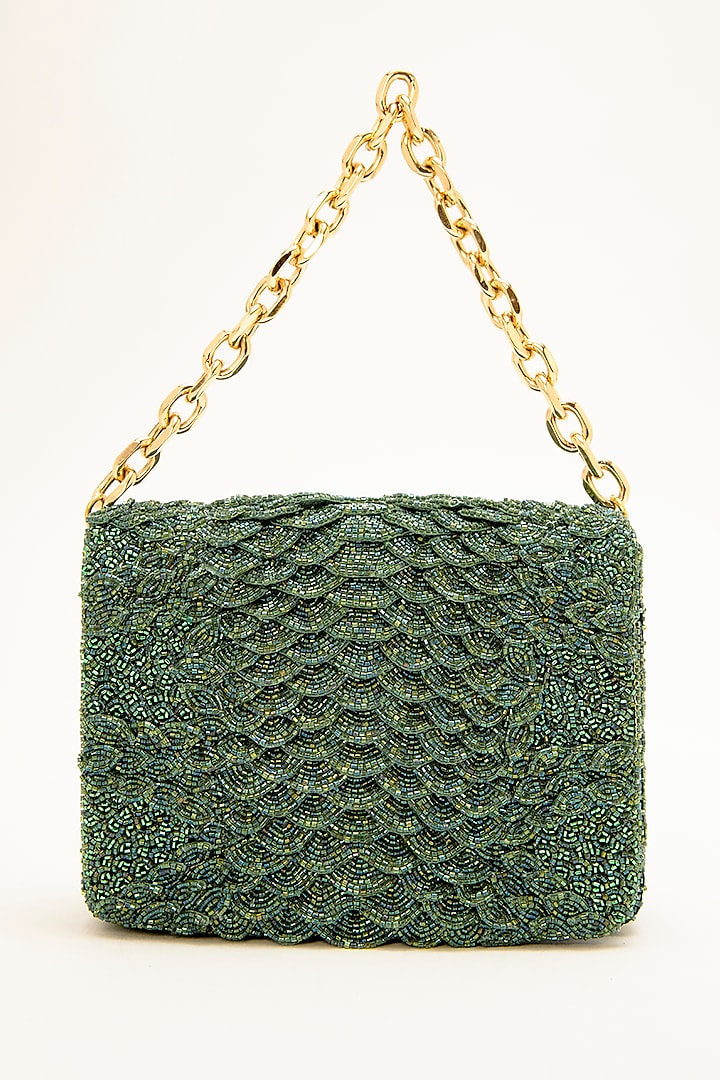 Green Poly Satin Japanese Bugle Bead Hand Embroidered Clutch by Doux Amour