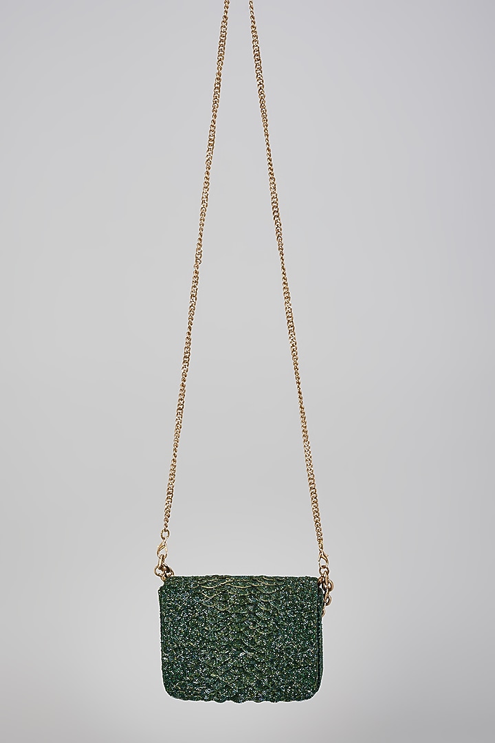 Sage Green Polysatin Bugle Beads Embroidered Handcrafted Clutch by Doux Amour at Pernia's Pop Up Shop