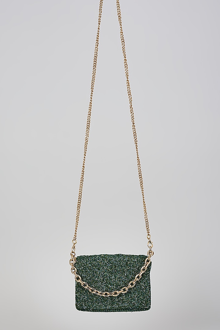 Sage Green Polysatin Bugle Beads Embroidered Handcrafted Clutch by Doux Amour at Pernia's Pop Up Shop