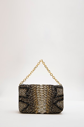 Brown Luxe Microfiber Suede Japanese Bugle Beaded Handcrafted Clutch by Doux Amour
