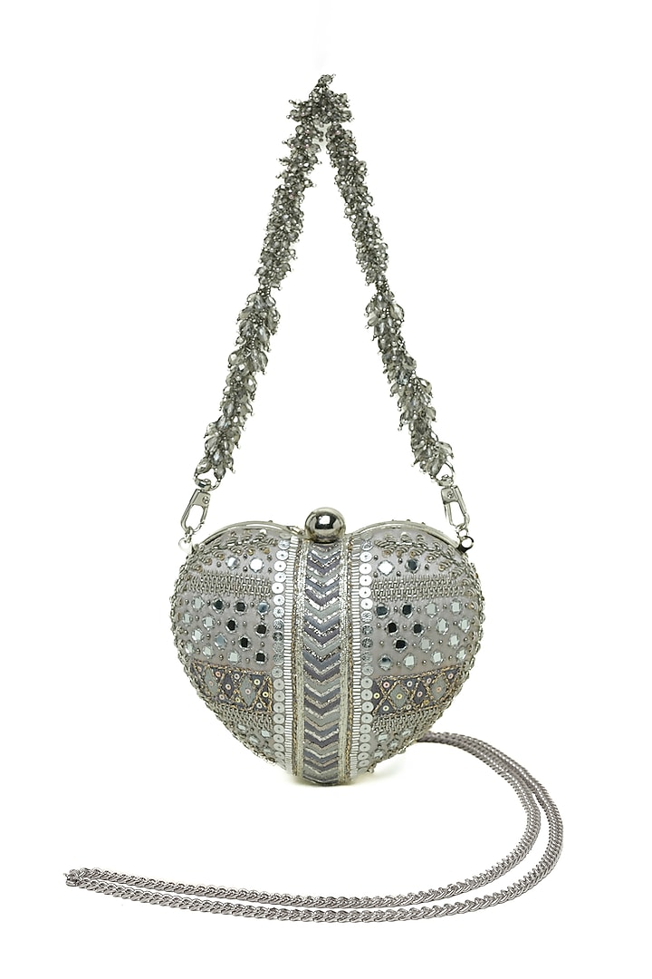 Pewter Silver Crystal & Mirror Embroidered Heart-Shaped Clutch by Doux Amour at Pernia's Pop Up Shop