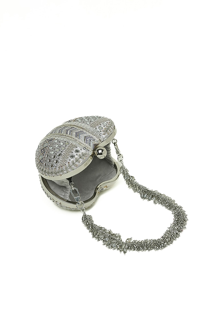 Pewter Silver Crystal & Mirror Embroidered Heart-Shaped Clutch by Doux Amour at Pernia's Pop Up Shop
