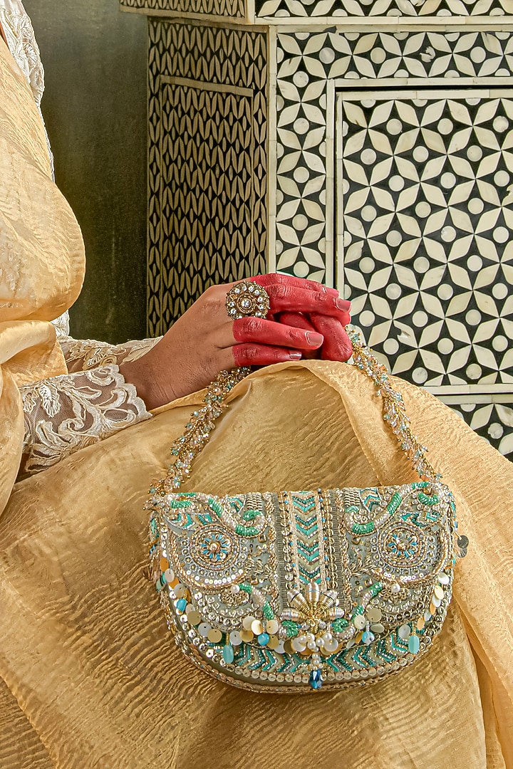 Jade Green Crystal Hand Embroidered Flapover Clutch by Doux Amour at Pernia's Pop Up Shop