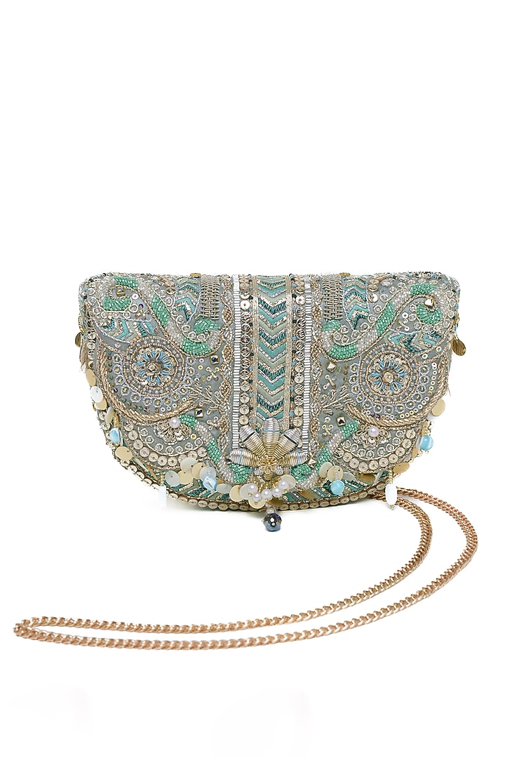 Jade Green Crystal Hand Embroidered Flapover Clutch by Doux Amour at Pernia's Pop Up Shop