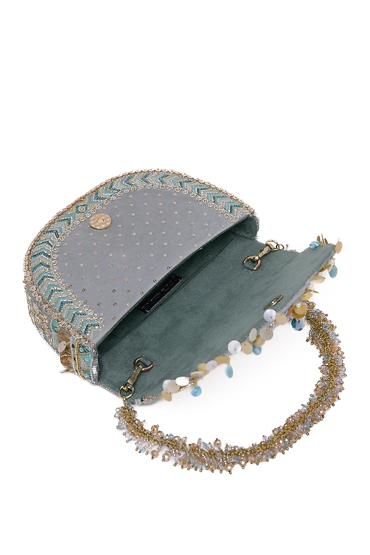 Jade Green Crystal Hand Embroidered Flapover Clutch by Doux Amour at Pernia's Pop Up Shop