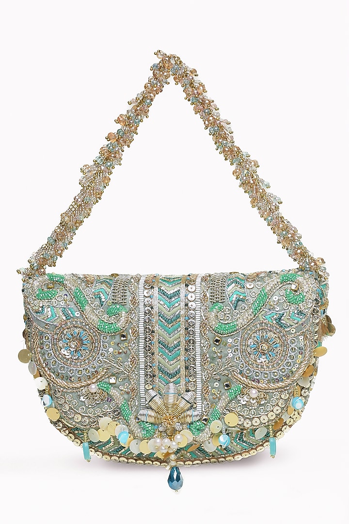 Jade Green Crystal Hand Embroidered Flapover Clutch by Doux Amour at Pernia's Pop Up Shop