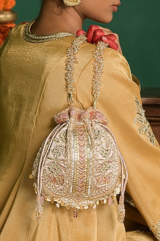 Blush Bugle Bead & Crystal Embellished Potli by Doux Amour