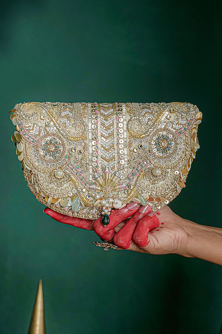 Gold & Silver Crystal Hand Embroidered Flapover Clutch by Doux Amour at Pernia's Pop Up Shop