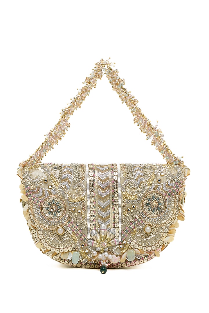 Gold & Silver Crystal Hand Embroidered Flapover Clutch by Doux Amour at Pernia's Pop Up Shop