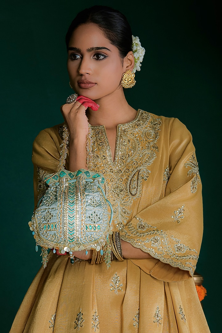 Jade Green Bugle Bead & Crystal Embellished Potli by Doux Amour at Pernia's Pop Up Shop