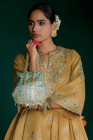 Jade Green Bugle Bead & Crystal Embellished Potli by Doux Amour
