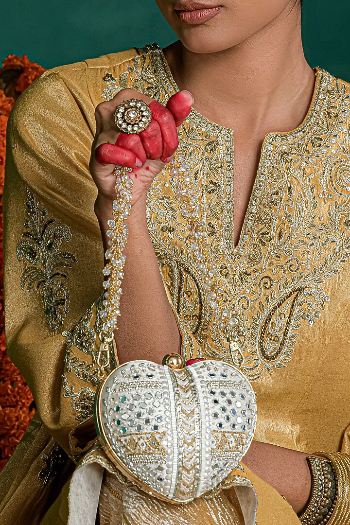 Pewter Silver Crystal & Mirror Embroidered Heart-Shaped Clutch by Doux Amour at Pernia's Pop Up Shop