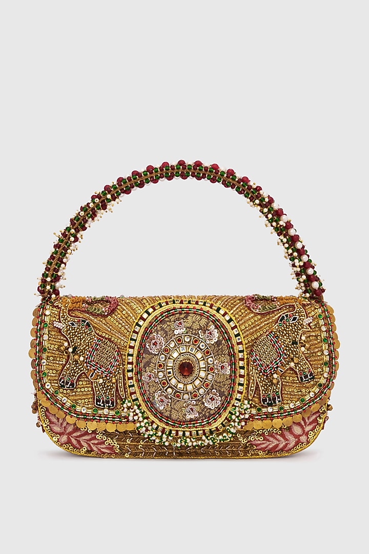 Gold Microfiber Japanese Bugle Beads Hand Embroidered Clutch by Doux Amour at Pernia's Pop Up Shop