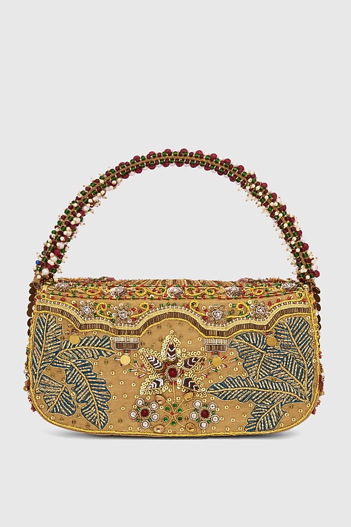 Gold Microfiber Japanese Bugle Beads Hand Embroidered Clutch by Doux Amour at Pernia's Pop Up Shop
