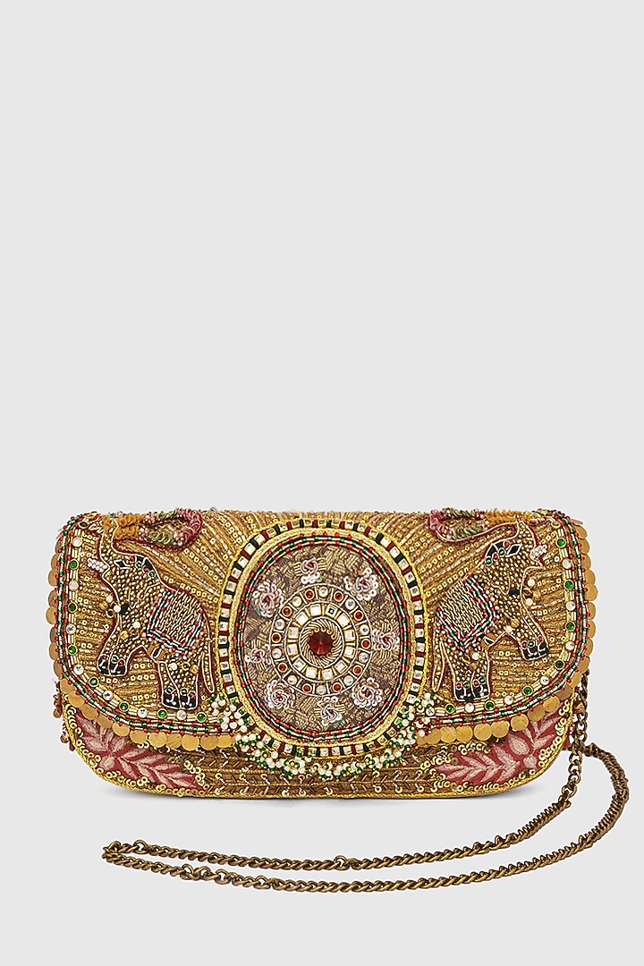 Gold Microfiber Japanese Bugle Beads Hand Embroidered Clutch by Doux Amour at Pernia's Pop Up Shop
