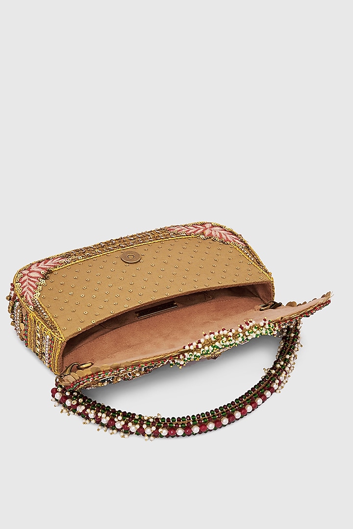 Gold Microfiber Japanese Bugle Beads Hand Embroidered Clutch by Doux Amour at Pernia's Pop Up Shop