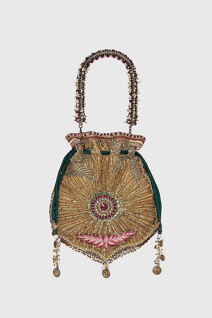 Gold Microfiber Japanese Bugle Beads Hand Embroidered Potli by Doux Amour at Pernia's Pop Up Shop