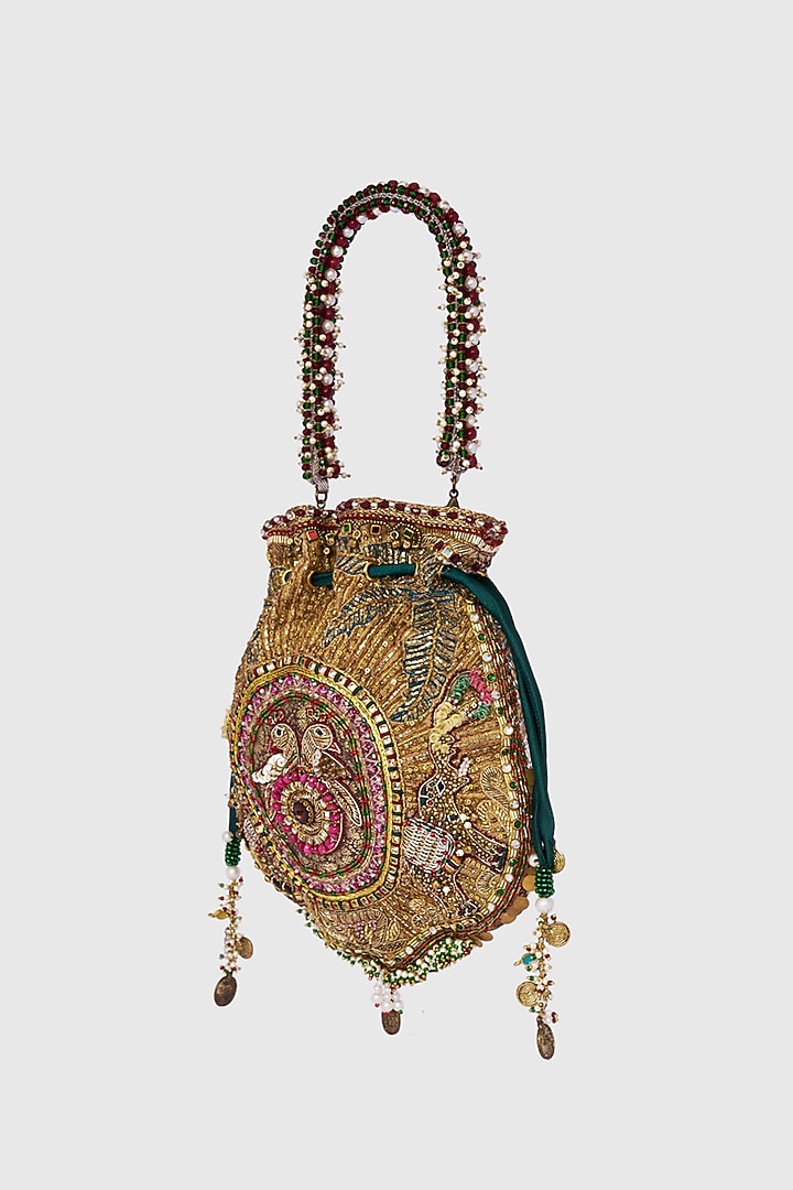 Gold Microfiber Japanese Bugle Beads Hand Embroidered Potli by Doux Amour at Pernia's Pop Up Shop