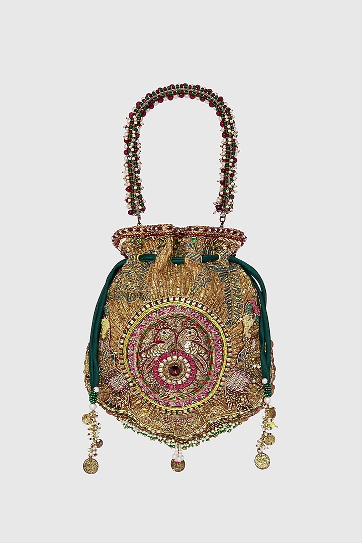 Gold Microfiber Japanese Bugle Beads Hand Embroidered Potli by Doux Amour at Pernia's Pop Up Shop