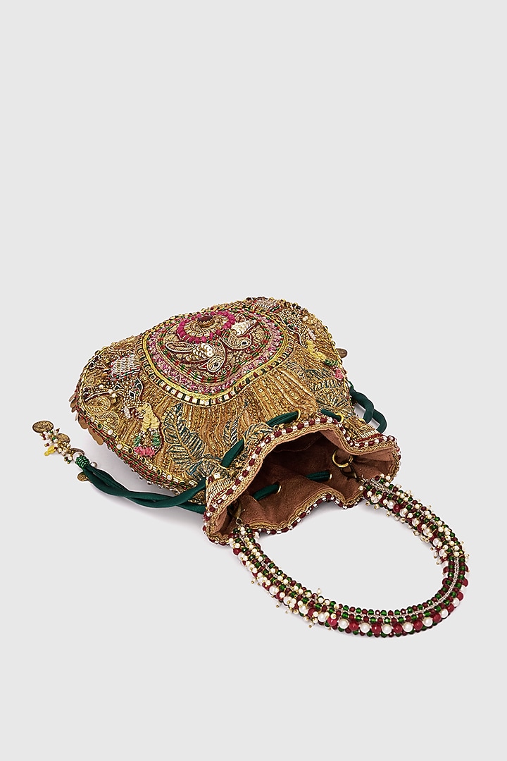 Gold Microfiber Japanese Bugle Beads Hand Embroidered Potli by Doux Amour at Pernia's Pop Up Shop