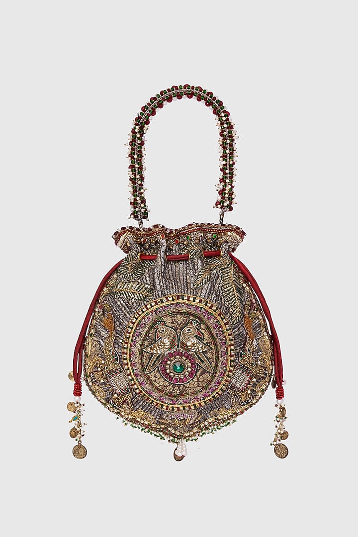 Silver Microfiber Japanese Bugle Beads Hand Embroidered Potli by Doux Amour at Pernia's Pop Up Shop