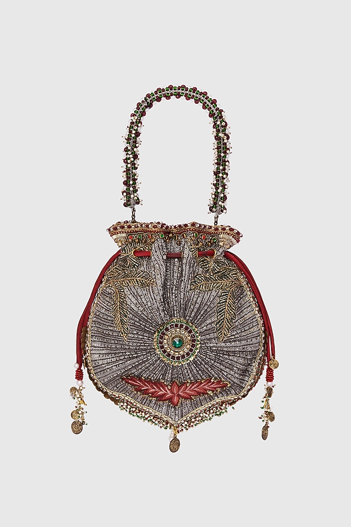 Silver Microfiber Japanese Bugle Beads Hand Embroidered Potli by Doux Amour at Pernia's Pop Up Shop