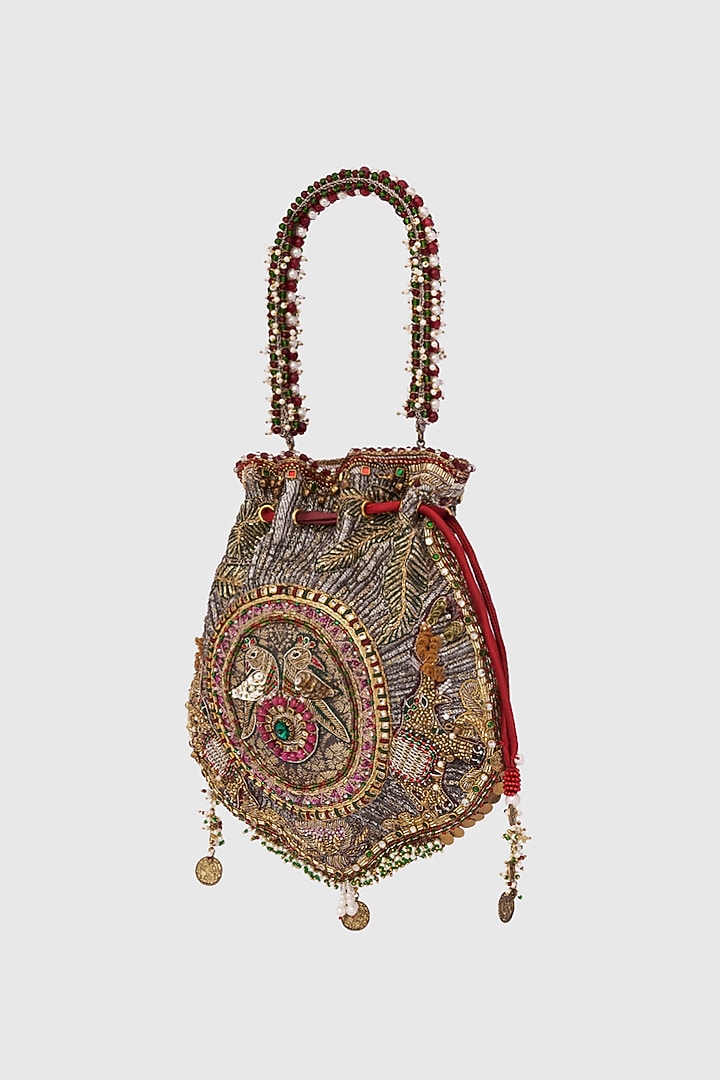 Silver Microfiber Japanese Bugle Beads Hand Embroidered Potli by Doux Amour at Pernia's Pop Up Shop