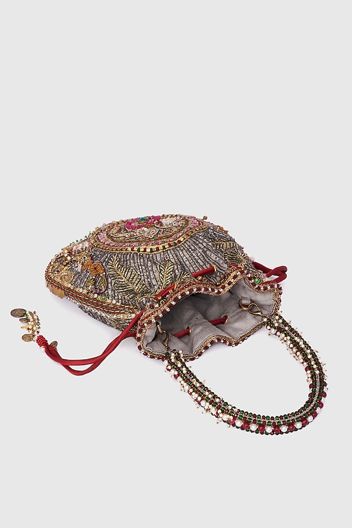 Silver Microfiber Japanese Bugle Beads Hand Embroidered Potli by Doux Amour at Pernia's Pop Up Shop