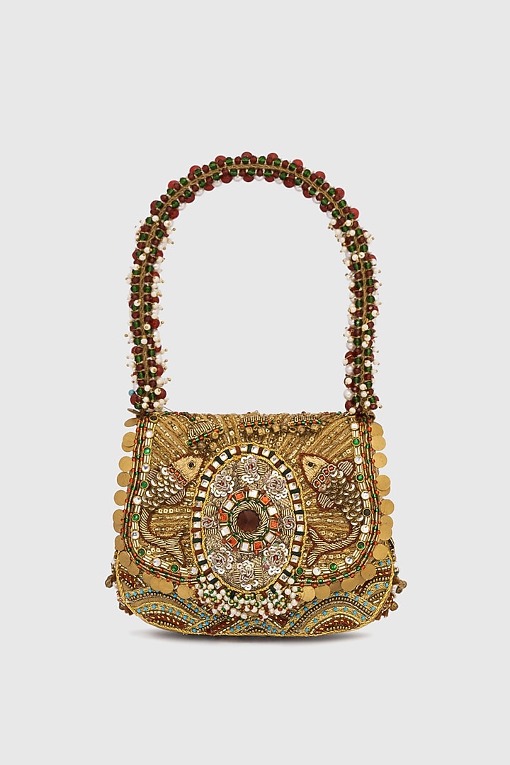 Gold Microfiber Japanese Bugle Beads Hand Embroidered Mini Clutch by Doux Amour at Pernia's Pop Up Shop