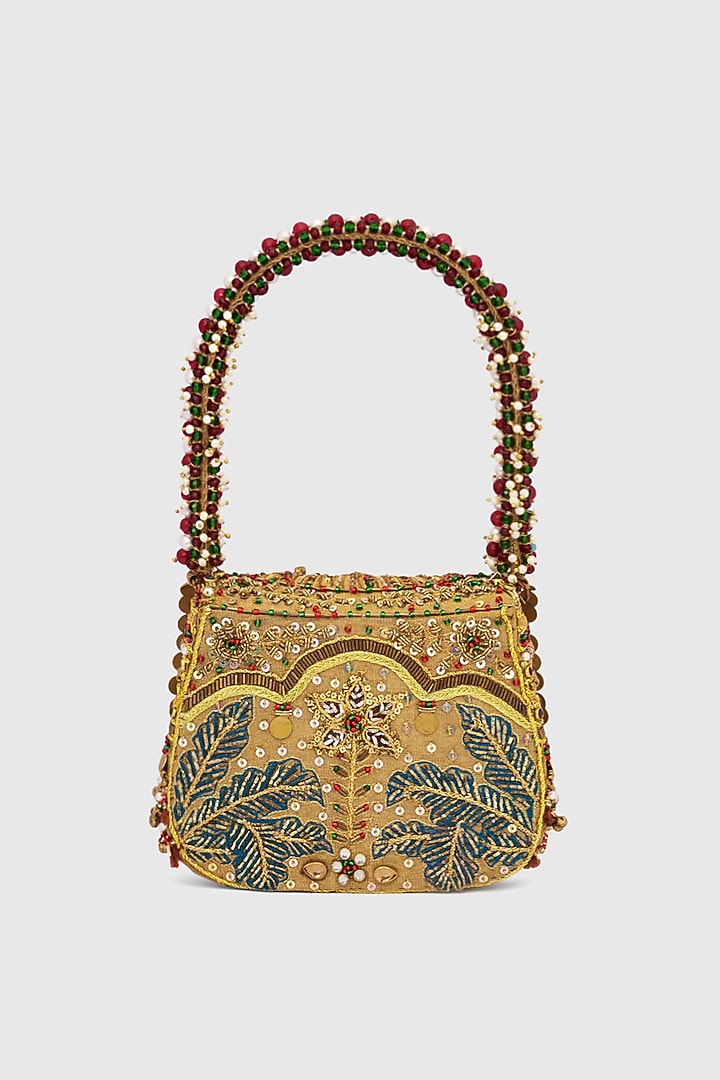 Gold Microfiber Japanese Bugle Beads Hand Embroidered Mini Clutch by Doux Amour at Pernia's Pop Up Shop