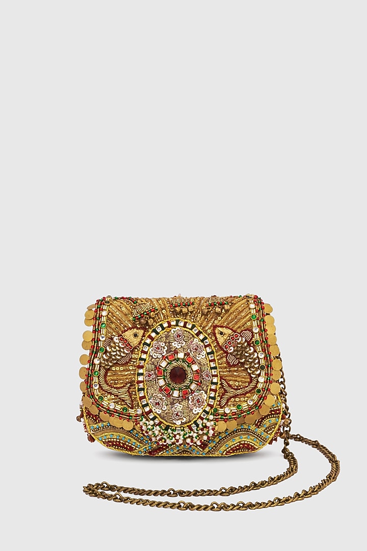 Gold Microfiber Japanese Bugle Beads Hand Embroidered Mini Clutch by Doux Amour at Pernia's Pop Up Shop