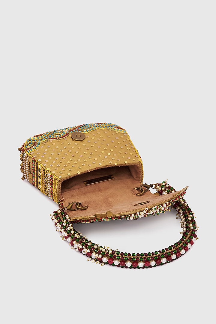 Gold Microfiber Japanese Bugle Beads Hand Embroidered Mini Clutch by Doux Amour at Pernia's Pop Up Shop