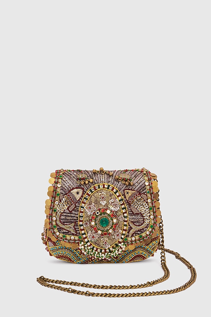 Silver Microfiber Japanese Bugle Beads Embroidered Handcrafted Clutch by Doux Amour at Pernia's Pop Up Shop