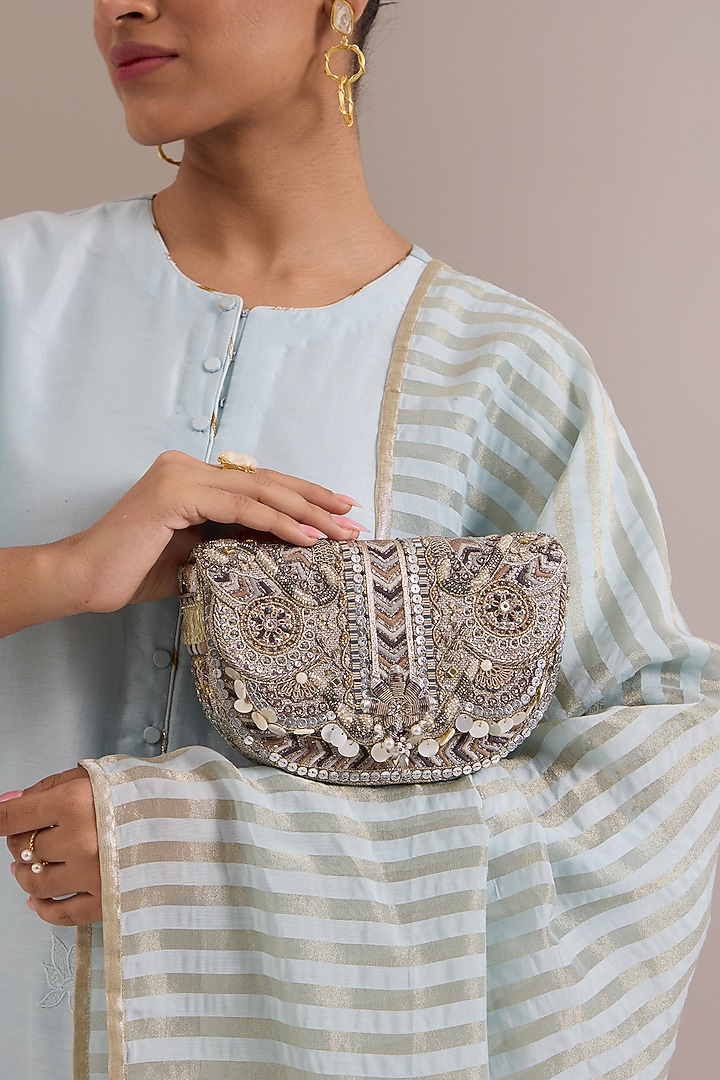 Silver Microfiber Japanese Bugle Beads Embroidered Handcrafted Clutch by Doux Amour at Pernia's Pop Up Shop
