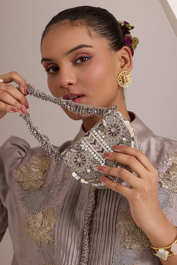 Silver Microfiber Japanese Bugle Beads Hand Embroidered Clutch by Doux Amour at Pernia's Pop Up Shop