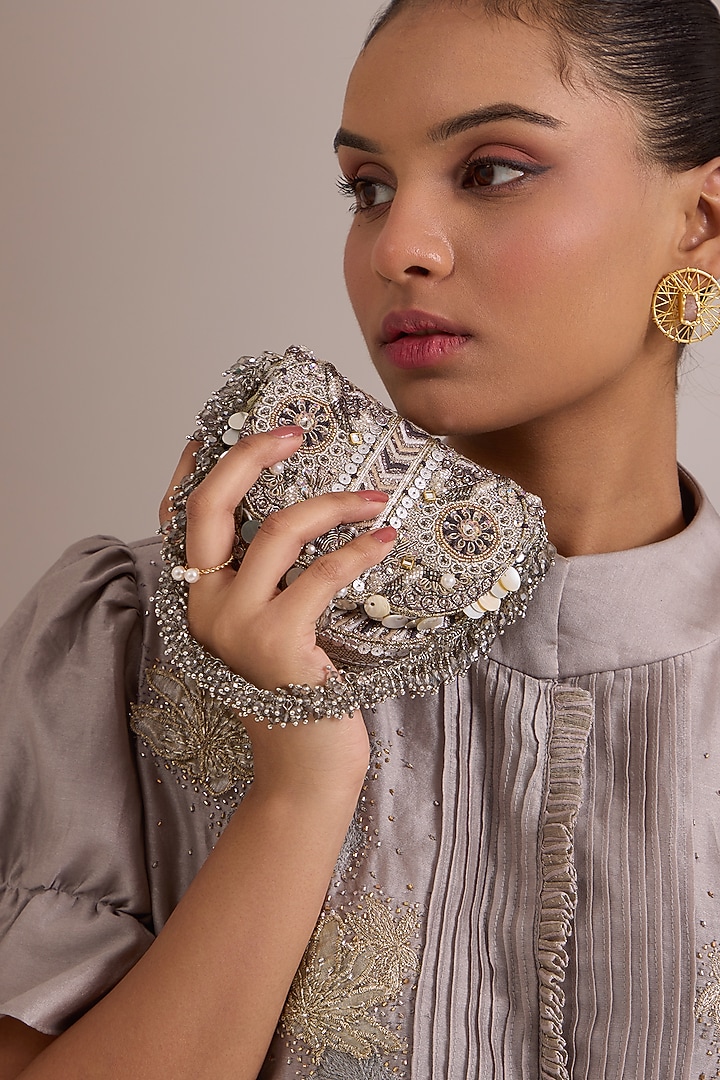 Silver Microfiber Japanese Bugle Beads Hand Embroidered Clutch by Doux Amour at Pernia's Pop Up Shop