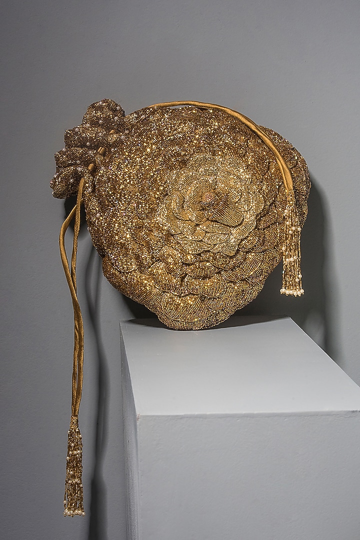 Antique Gold Hand Embroidered Potli by Doux Amour at Pernia's Pop Up Shop